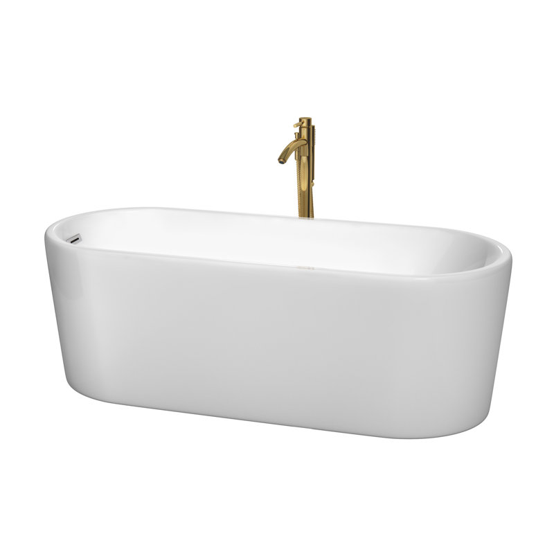 Ursula 67" x 28" Freestanding Soaking Acrylic Bathtub with Faucet, White/Polished Chrome/Brushed Gold, Reversible