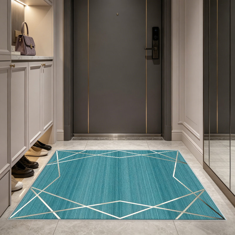 Teal Gold Geometric Line carpet-easy to clean, machine-washable, soft and comfortable; suitable for door mats, kitchens, living rooms, bedrooms, corridors, and laundry areas. Easy to clean, durable carpet for home decoration.