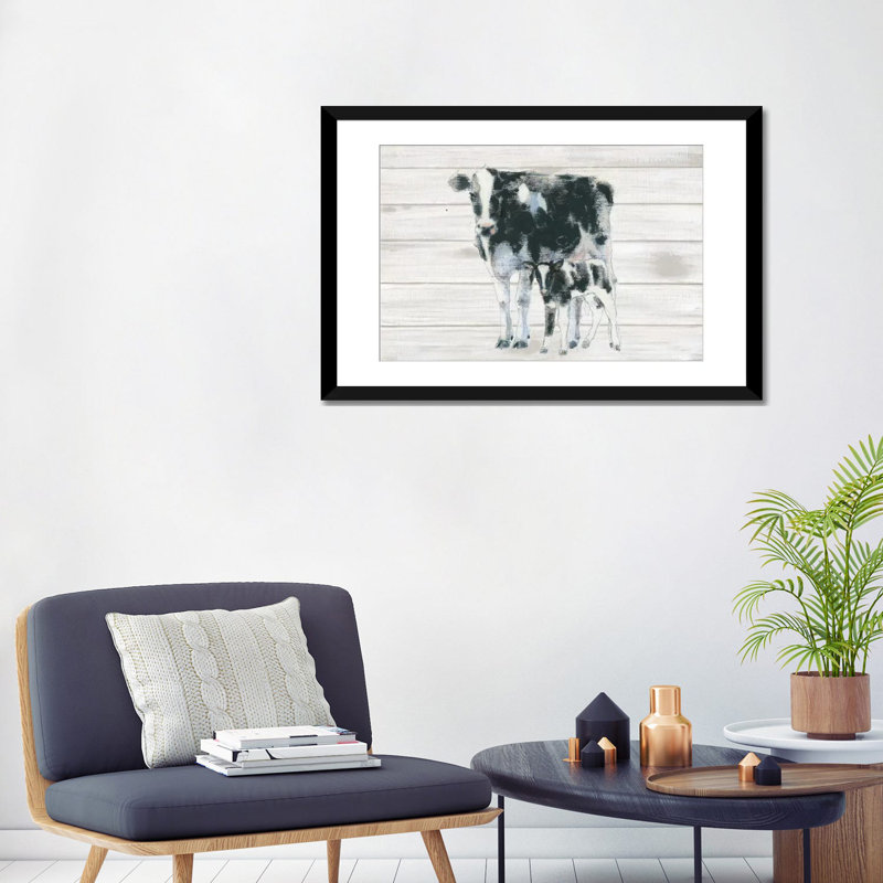 « Cow and Calf on Wood », impression sur toile tendue, H 24 po x l 32 po x P 1 po, Papier d'art encadré noir, Blanc