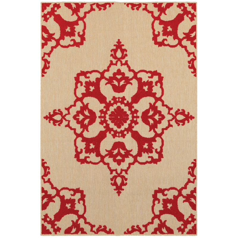 Tapis sable / rouge à motif floral Laub, Rectangle 1 pi 10 po x 3 pi 3 po