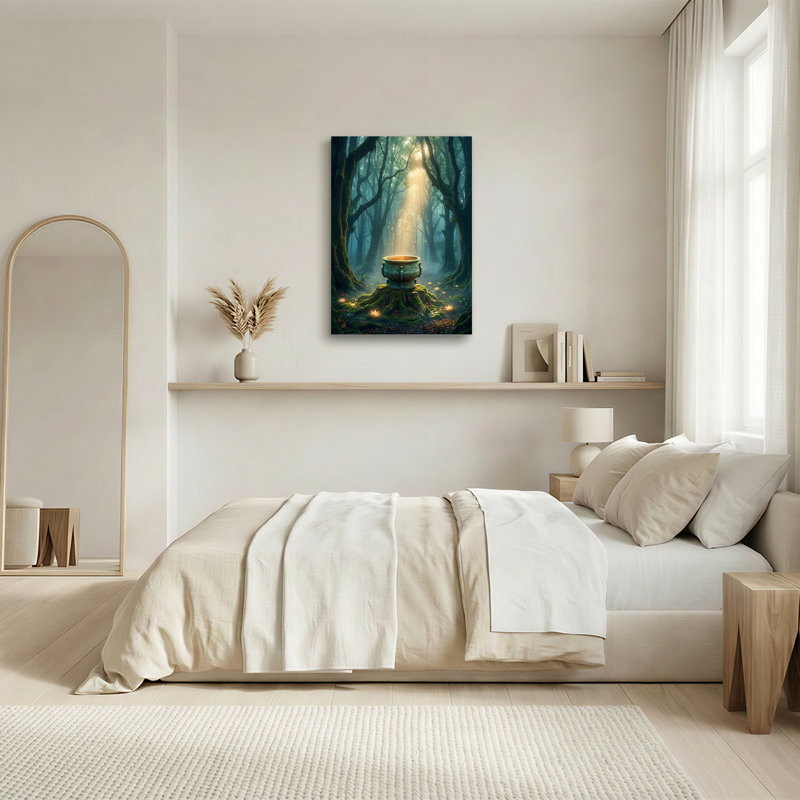 Art mural sur toile orné de bronze dans une forêt brumeuse avec lumière brillante, 48"H x 36"W