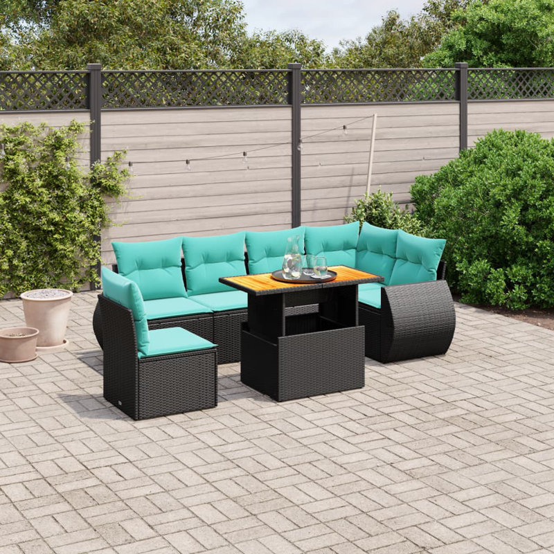 Ensemble de canapé de patio 7 pièces avec coussins en rotin de polyester, Noir, Vert