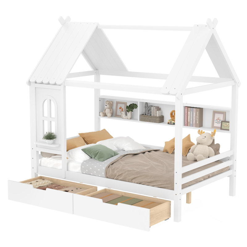Full House Beds With Storage Drawers And Window, Solid Wood House Platform Bed Frame With Shelves, Light White, Full