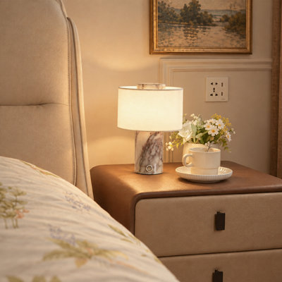 Lampe de table moderne en marbre naturel rechargeable bulgari, lampe de bureau à DEL tactile sans fil avec abat-jour en tissu et gradateur 3 couleurs pour la chambre à coucher et le salon