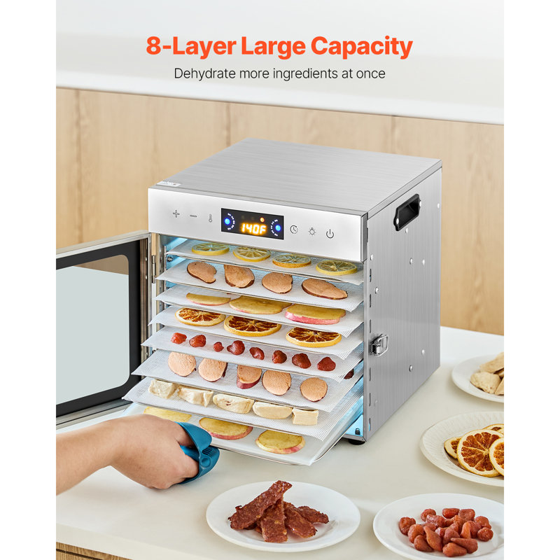 Déshydrateur alimentaire, 8 plateaux en acier inoxydable, séchoir électrique 400 W avec température réglable et minuterie de 24 heures, séchoir chauffant pour viande séchée, viande, fruits, légumes, herbes, friandises pour chiens