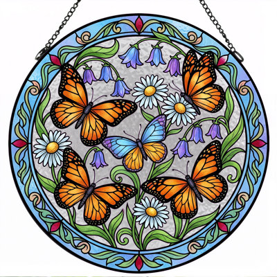 Butterfly Floral Stained Glass Window Panel，12"H
