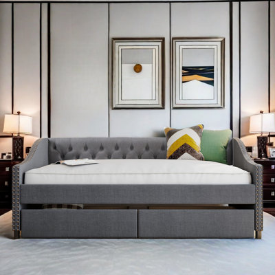 Upholstered Tufted Daybed With Two Drawers And Copper Nail Design by Wildon Home