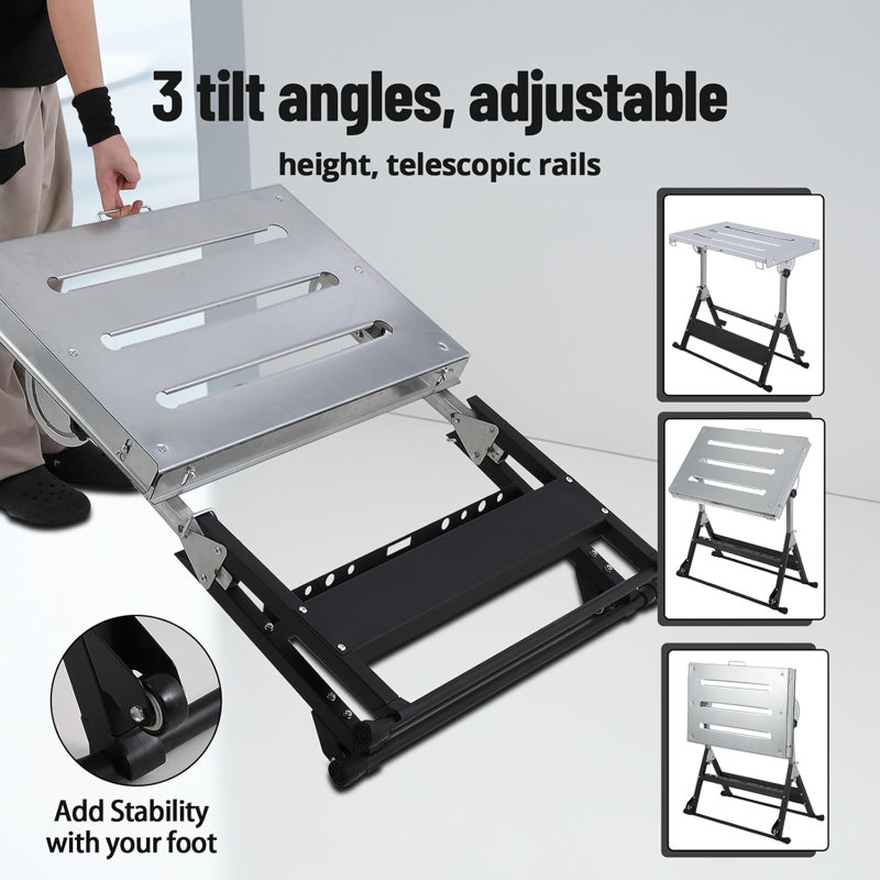 Foldable Welding Table Capacity Welding Workbench, Carbon Steel Work Bench with 3 Tilt Angles,Retractable Guide Rails for Welding Assembly Repair