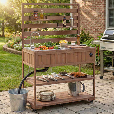 Durable Patio Rolling Kitchen Island with Stainless Steel Top,Sink,and Movable Shelves