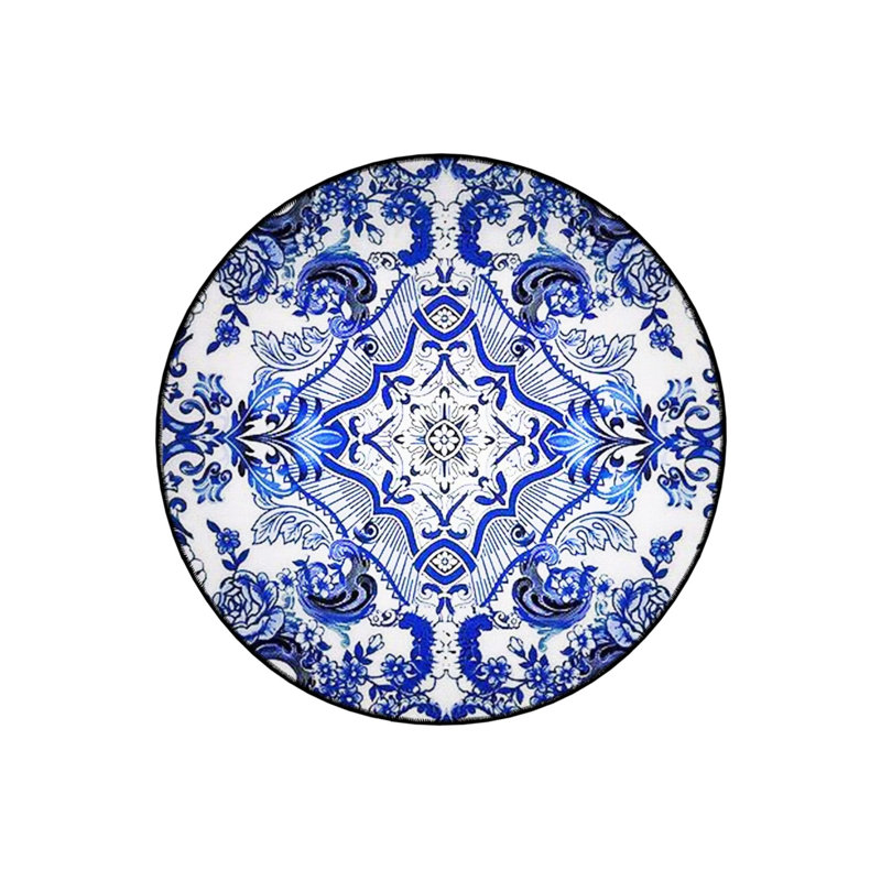 Blue And White Patterned Woven Base Decorative Carpet, Round 4'