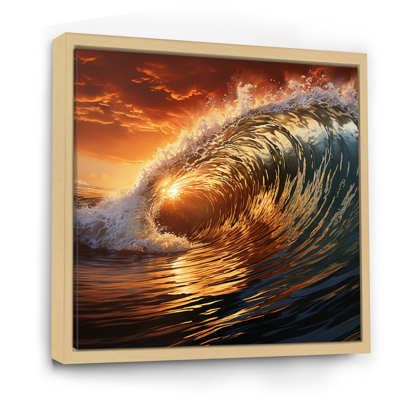 Coucher de soleil vert et orange - art mural plage, Cadre flottant brun, H 16 po x l 16 po x P 1 po