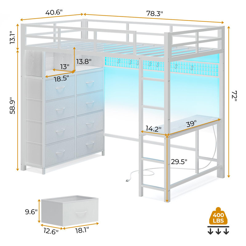 Loft Bed With Desk And 8 Storage Drawers, Metal Loft Bed With Led Lights & Charging Sation, Storage Shelves, 13.1" H Safety Guard & Ladder, No Box Spring Needed,