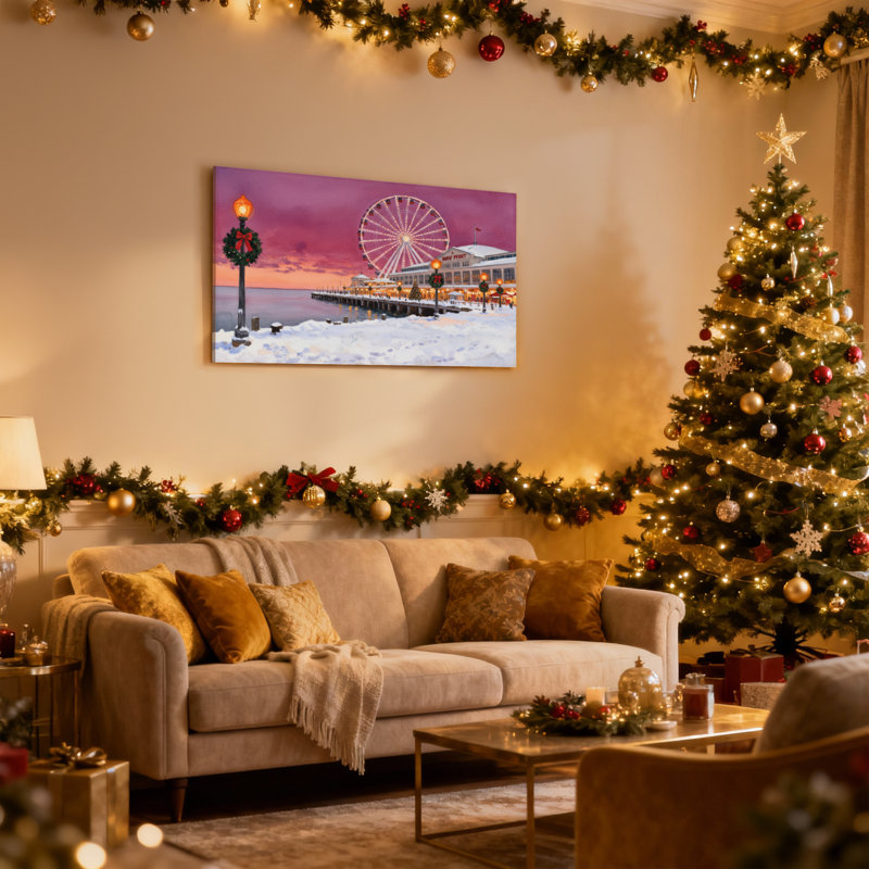 «Christmas Winter Pier Ferris Wheel Christmas Lights Snowy Scene», ensemble de 3 impressions sur toile, H 24 po x l 36 po
