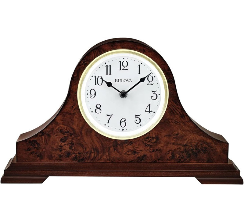 Tambour Curly Burl Mantel Clock with Automatic Backlit Dial & Triple Chime, B1853