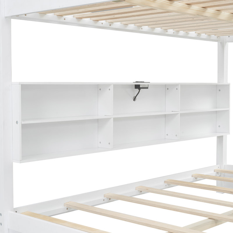 Bunk Bed With Storage Shelves And Usb Charging On Side, White