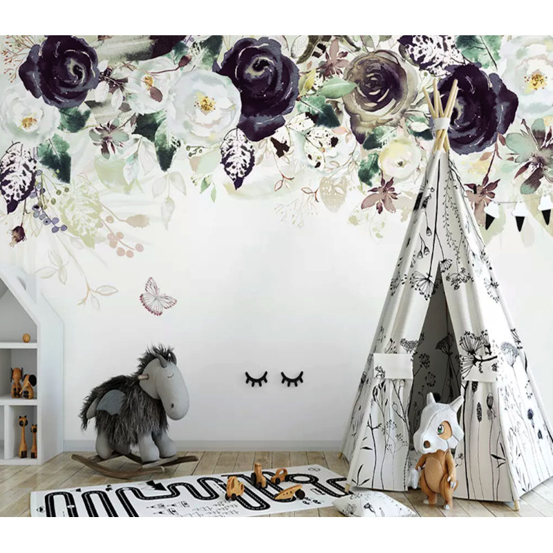 Papier peint amovible classique avec fleurs roses foncées, L 114 po x l 204 po