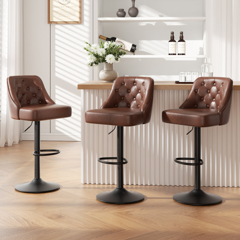 360-Degree Rotatable Faux Leather Bar Stool With Button Stitching, Dark Brown, 4