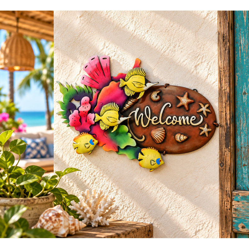 Plaque peinte en étain tropical «bienvenue» - aquarium