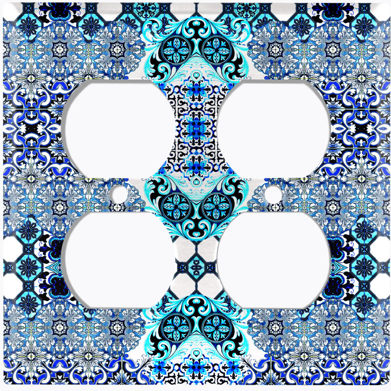 Elegant Blue Teal Tile White Patterned 2 - Gang Duplex Outlet Standard Wall Plate