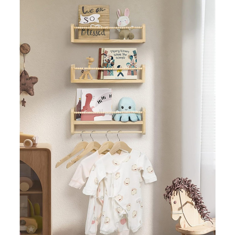 Set Of 3, Natural Wood Bookshelves Wall Decor, Small Floating Shelf Organizer For Room, Bedroom, Kitchen Spice Rack