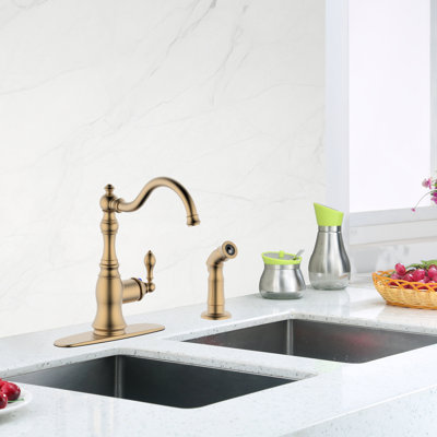 Single Handle Kitchen Faucet With Side Spray,2 Hole Or 4 Hole Installation, Brushed Gold Finished