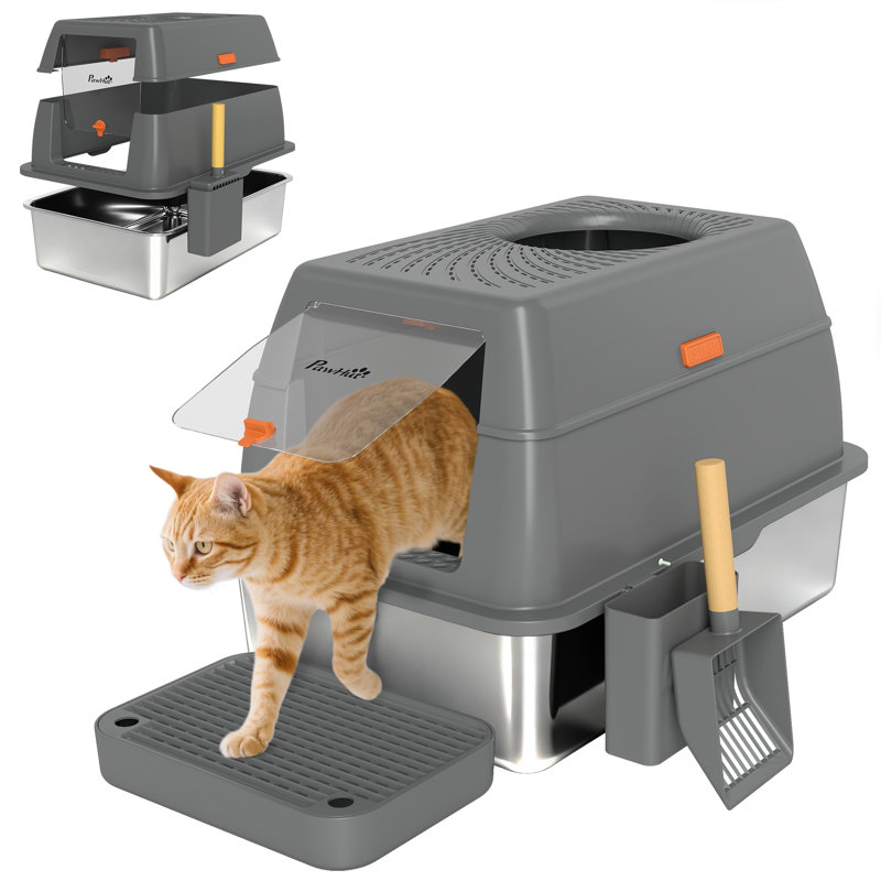 Litière pour chat en acier inoxydable 80L XL avec couvercle, entrée avant / supérieure