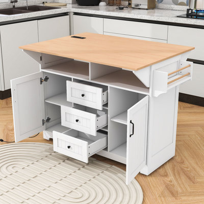 Chike Wooden Kitchen Island Cart with Built-in Charging Station, Two Drop Leaf and Ample Storage by Lark Manor