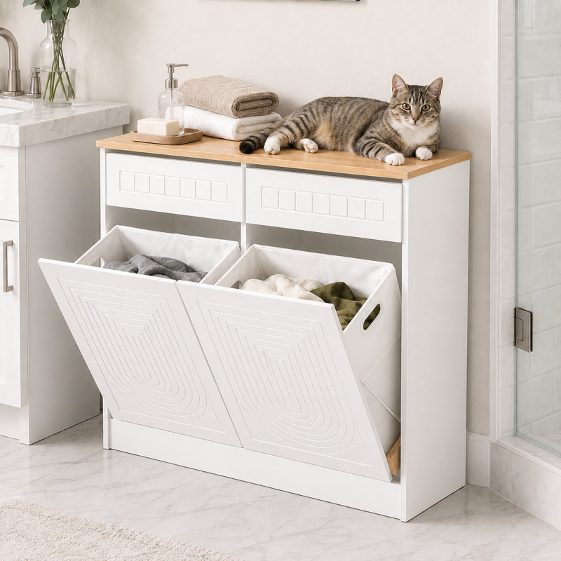 Armoire à linge contemporaine à double paniers inclinables, crédence de rangement pour poubelle autoportante avec 2 paniers en tissu amovibles pour la salle de lavage et le vestibule