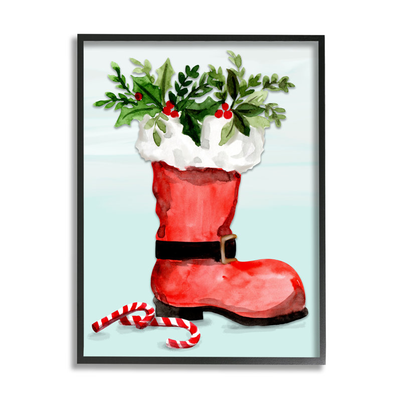 Rouge, botte de père Noël, bouquet botanique de houx, cannes de bonbon, art numérique sur estampe numérique par Kate Eldridge