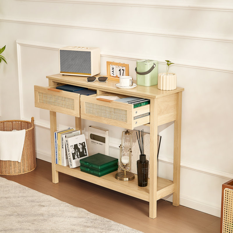 Natural Oak and Rattan Console Table with Storage Drawers
