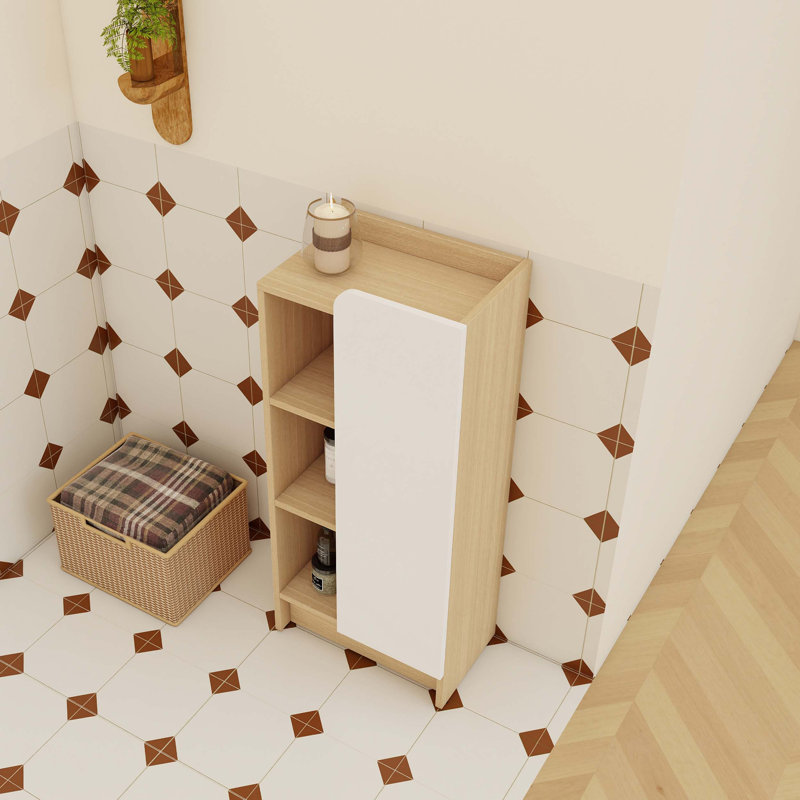 Armoire latérale de salle de bain autoportante de 16 pouces avec porte simple et tablettes ouvertes à trois niveaux pour un rangement intelligent et étroit et un assemblage facile.