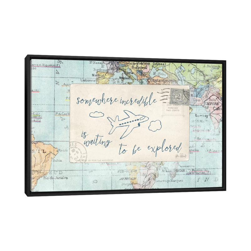 «Travel Posts IV», impression sur toile, H 18 po x l 26 po x P 1,5 po, Toile encadrée noire, Aucun mat