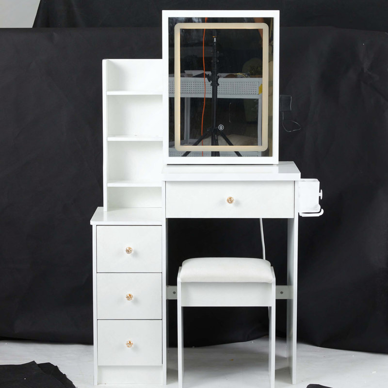 Petit meuble-lavabo 29,2 po avec miroir à DEL, centrale électrique, support pour sèche-cheveux et tabouret