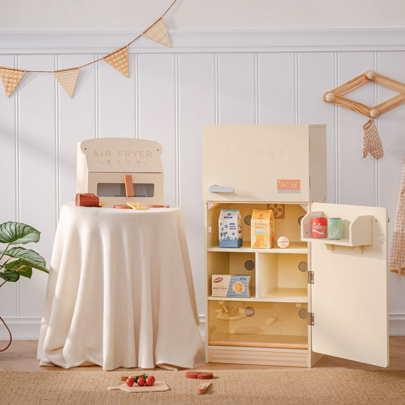 Wooden Toy Refrigerator with Accessories, Pretend Play Kitchen Set for Kids & Toddlers