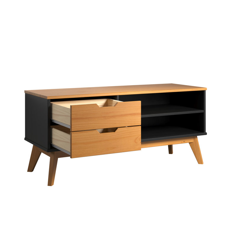 Meuble télé en bois massif noir et miel naturel - Collection Scandik