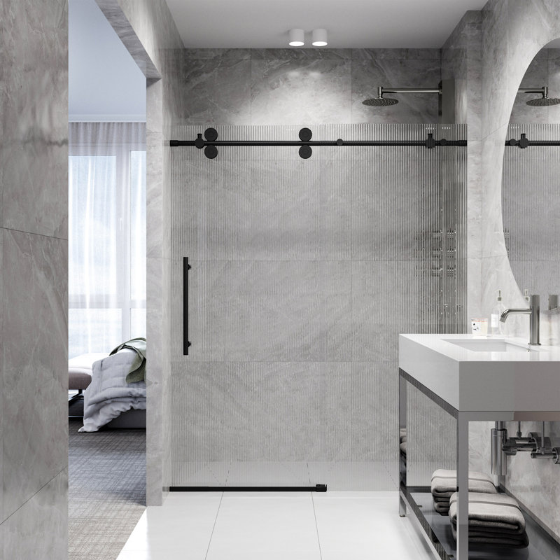 Elan 56-60" W x 74" H Sliding Frameless Shower Door with 3/8" Fluted Glass, Matte Black