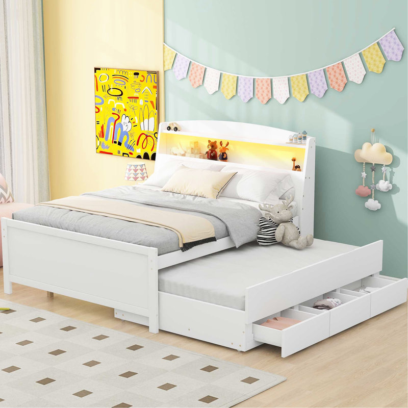 Lit blanc avec lit gigogne simple, tête de lit à DEL, rangement, 3 tiroirs en bois massif robuste et fabrication pour une bonne nuit de sommeil, tiroirs de rangement à plateforme complète, construction, aucun sommier requis