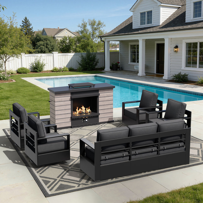 Abdullah 5-Piece Outdoor Aluminum Patio Conversation Set with Fire Pit Table, Swivel Chairs, Sofa and Beige Cushions, Gray