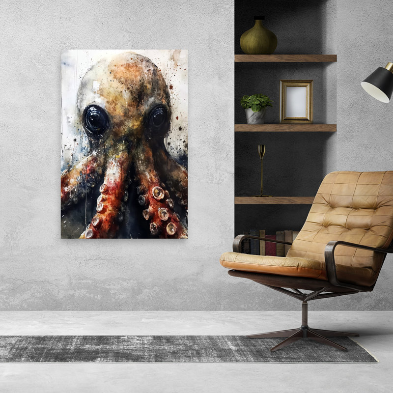 Mysterious Deep Sea Octopus, art mural contemporain, 48" H x 32" W