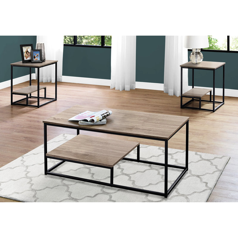 Table contemporaine 3 pièces - tables basses et 2 tables de bout, stratifié taupe foncé, détails en métal noir, rangement supplémentaire pour la maison,