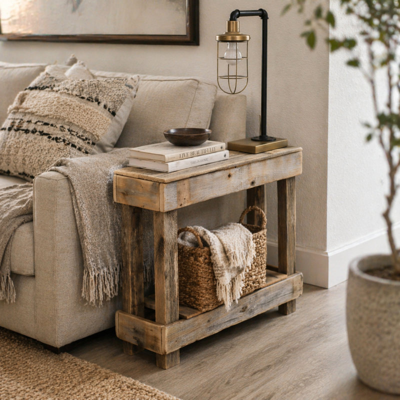 Table de bout en bois massif avec rangement Rayshaud, Beige