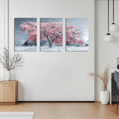 Cerisier en fleurs dans la neige, paysage d'hiver sur toile tendue, ensemble de 3 reproductions d'art