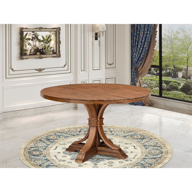Table de petit déjeuner avec plateau rond en acacia et base piédestal élégante - Finition noyer antique, Noyer antique