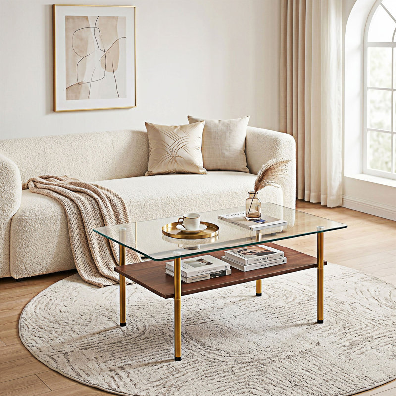 Table basse avec plateau en verre trempé, Transparent / doré