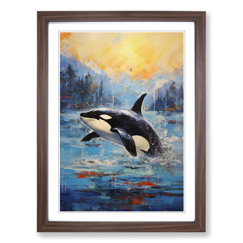 Orca Whale Impressionism - Single Picture Frame Print on Wood, Walnut Framed, 34cm H x 25cm W x 2cm D