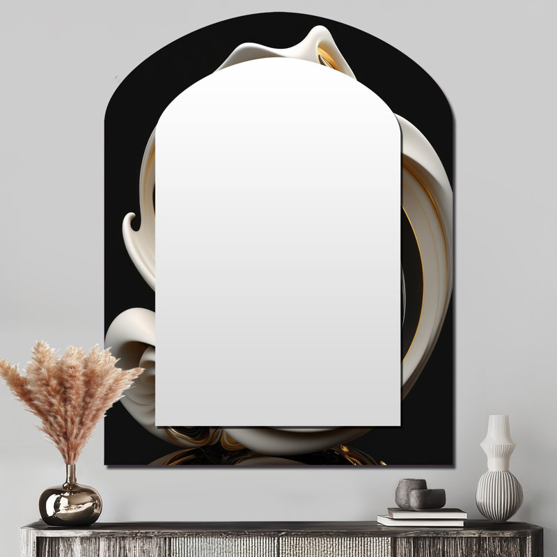 Liquid White Stained Glass V - Abstract Spirals Asymmetrical Mirror, Gold Arch Unique Wall Mirror, Printed Metal Art