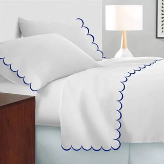 Allena 400TC Cotton Scallop Embroidery Sateen Cotton 4 Piece Sheet Set Fitted Sheet Fits Upto 16" Deep Pocket, Navy Blue