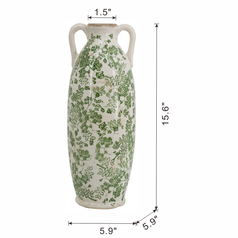 White Ceramic Flower Vase with Green Floral Pattern and Small Handles, 15.6"