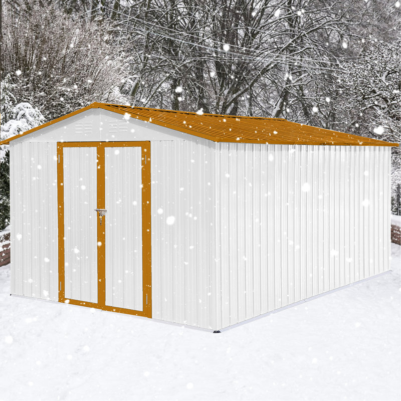 10Ftx12ft Metal Shed - Weather- For Year-Round Use Outdoor Robust Construction With Punched Vents, White, Tan