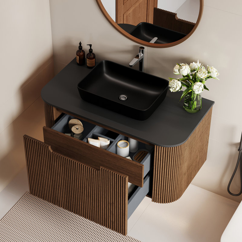 36" Mid Century Bathroom Vanity with Black Sink,Wall-Mounted Solid Wood Bathroom Vanity with Engineered Stone Top,Two Drawers